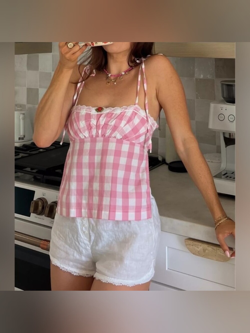 Kimchi Blue Pink Gingham Open Back Tank Top